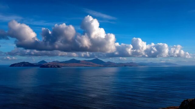 Scenic view of an archipelago with cumulus clouds over a calm body of water with landforms in the background under clear sky.