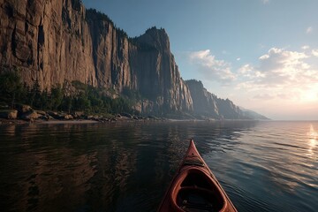 Fototapeta premium Kayaking along serene waters with towering cliffs during early morning light in a tranquil natural landscape