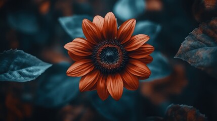 Dark red sunflower blooming, garden, summer, blurred background, nature photography, website banner