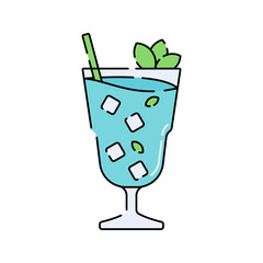 Blue Mojito Flat design style, blue drink with mint and ice in a tall glass, suitable for exotic cocktail flyers, beverage branding, and bar visuals.