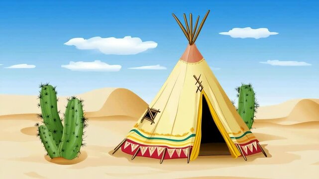 Teepee tent in a desert landscape with sand dunes and cactus plants, painted with a bright blue sky with cartoon style clouds in the background