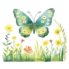 butterfly resting on a flower cute watercolors illustration on white background