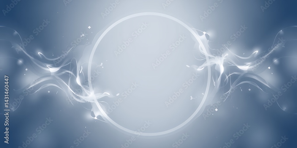Poster abstract background with a glowing circle and flowing white light on a blue gradient space