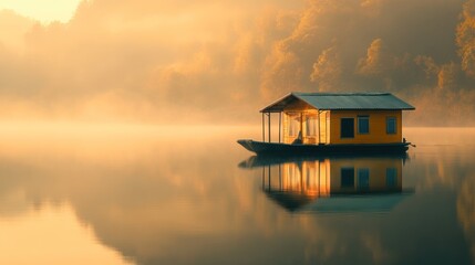 Serene Sunrise Houseboat: Misty Golden Hour Landscape
