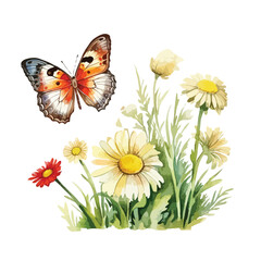 butterfly resting on a flower cute watercolors illustration on white background