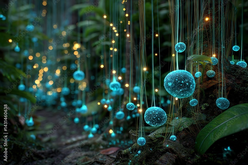Poster glowing orbs and lights illuminate the forest path during twilight in a mystical setting