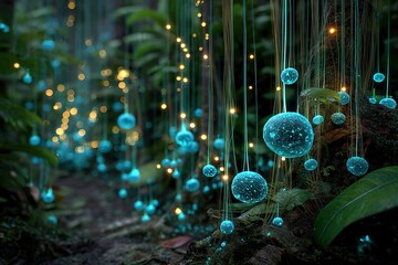 Glowing orbs and lights illuminate the forest path during twilight in a mystical setting