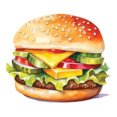 cheeseburger with pickles and ketchup cute watercolors illustration on white background