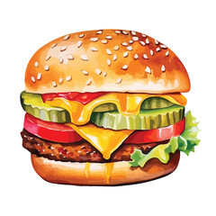 cheeseburger with pickles and ketchup cute watercolors illustration on white background