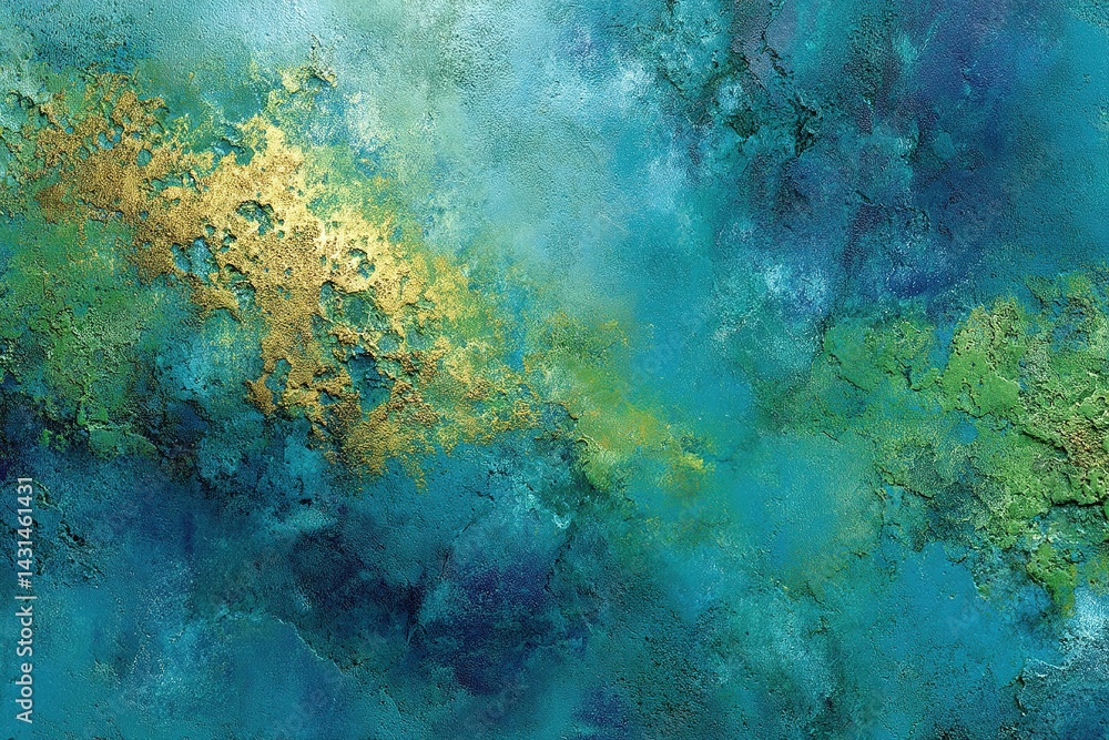 Poster vibrant abstract artwork featuring blue and green textures with golden accents in a dynamic expressi