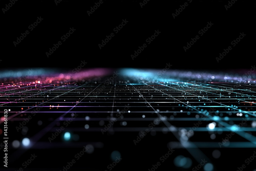 Poster digital landscape with glowing dots and lines on a dark background showcasing a futuristic modular g