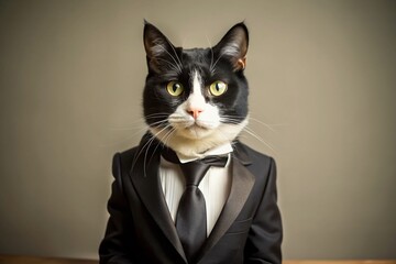 Business Cat:  Stylish Feline in Suit and Tie - Stock Photo