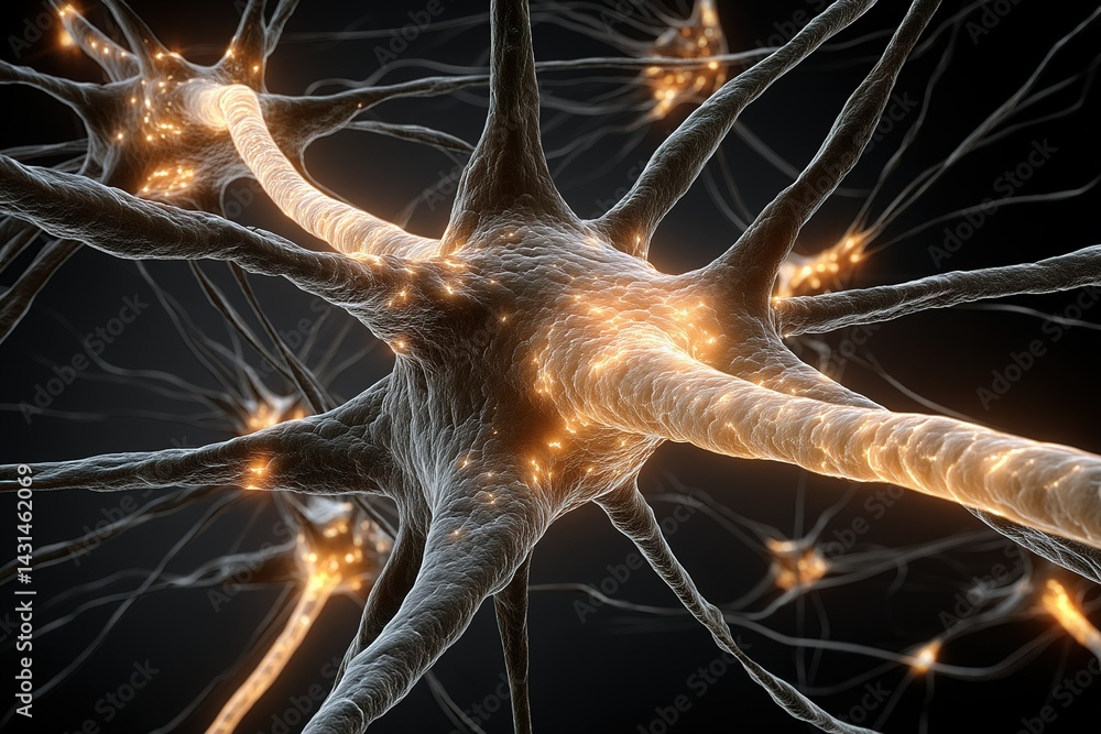 Poster neurons interacting with glowing synapses under a dark background