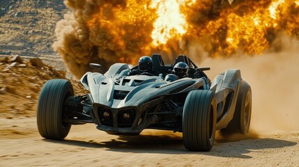 Desert dune buggy chase, explosion background, action scene, film production