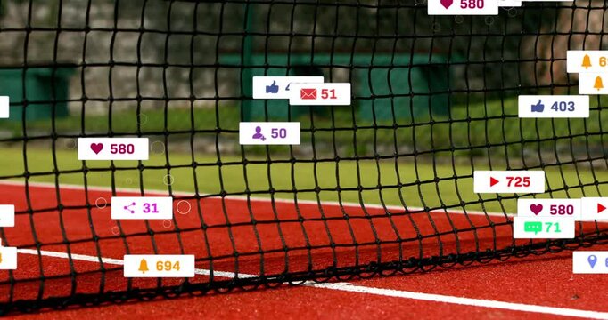 Social media engagement animating across tennis net, floating notifications over clay grass courts