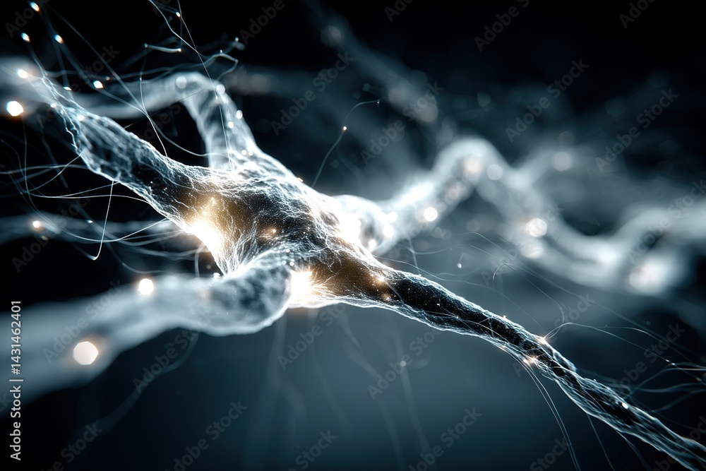 Poster exploring the intricate structure of a neuron under dark field illumination with vibrant light accen