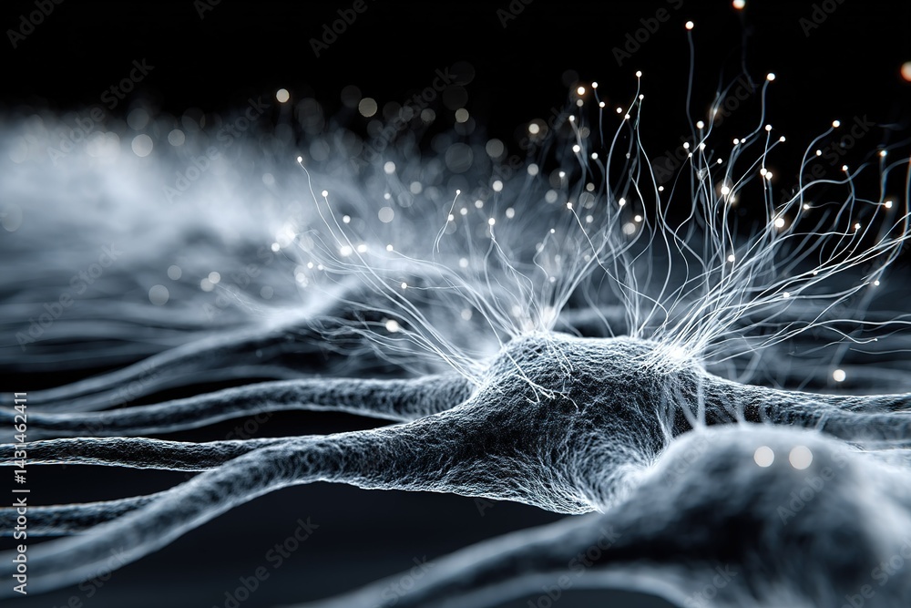 Poster exploring the intricate structure of neurons with glowing synaptic connections in a dark background