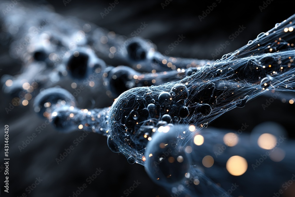 Poster abstract representation of molecular structures with glowing particles and intricate connections in 