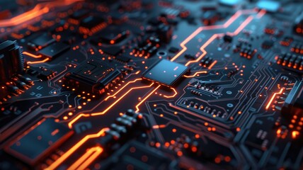 Obraz premium Abstract picture of chip on complex circuit with digital technology style design and the electric light graphic show dynamic movement represent about processor algorithm process on computer. AIG53.