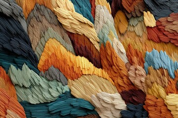 Colorful abstract textile pattern showcasing layered textile art with mixed hues of blue, orange, and green