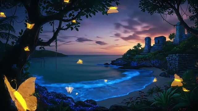 Magical bioluminescent waves glow blue at Navio Beach in Vieques under twilight starry sky, reimagined as a dreamy coastal fantasy