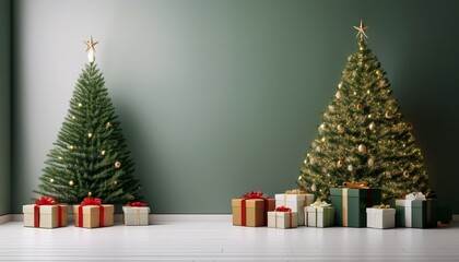 minimalist christmas background with christnas tree and gift boxes
