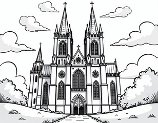 Fototapeta premium Black and White Illustration of a Majestic Gothic Cathedral