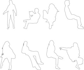 Set of outlined human silhouettes in dynamic sitting and standing positions. Ideal for architectural renders, infographics, and UI/UX design.
