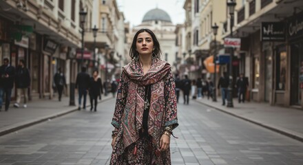 Fototapeta premium Woman Walking Down City Street Urban Fashion and Style Photography