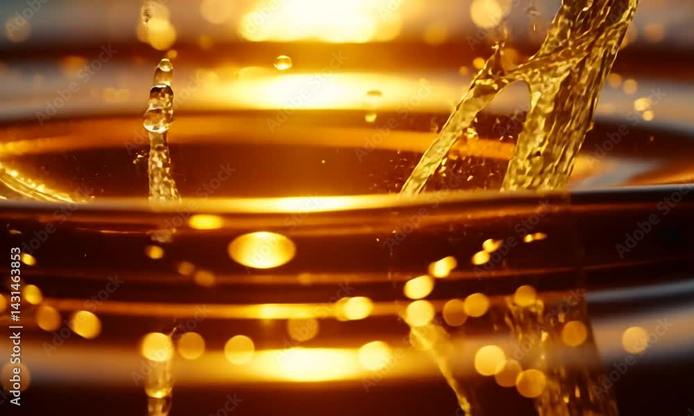Poster close-up of golden liquid splashing in a serene setting, with shimmering reflections and soft bokeh