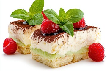 Creamy Layered Dessert with Raspberries and Mint on White Background