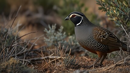 A Partridge in Underbrush with Earthy Plumage and Dry Grass Background