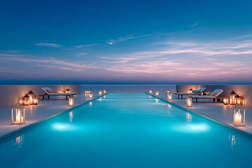 Fototapeta premium Infinity pool with glowing lanterns and lounge chairs at sunset overlooking a calm ocean horizon