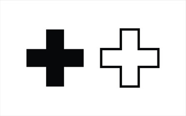 Black and white bold plus sign icons design. Solid and outline black cross symbols on white background.