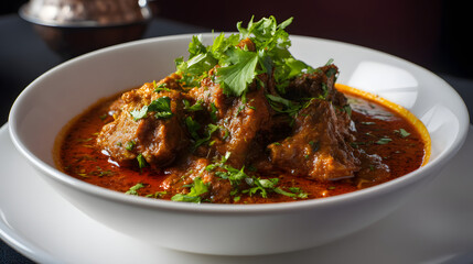 Fototapeta premium Tender Lamb Pieces Cooked in Rich Sauce with Fresh Herbs in an Elegant Bowl Setting