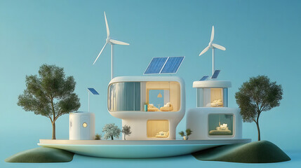 Modern sustainable house design featuring wind turbines and solar panels amidst a tranquil landscape