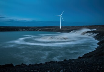 Blue Hour Turbine Above Swirling Reservoir Outflow
