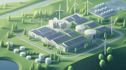 Renewable energy facility surrounded by green landscape with solar panels and wind turbines promoting sustainable technology