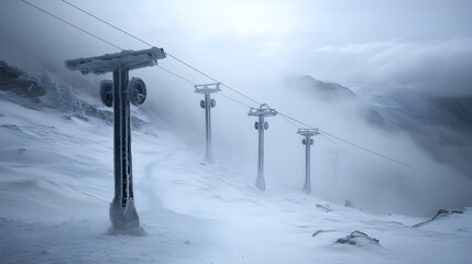 Frost-covered ski lift towers stand in a snowy landscape with misty mountains in the background