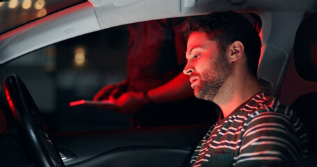 Man, police and stop driver for traffic check, registration and speeding warning. Person, law...