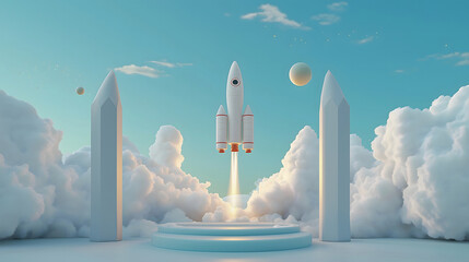 Rocket launch over serene water landscape with fluffy clouds and distant planets