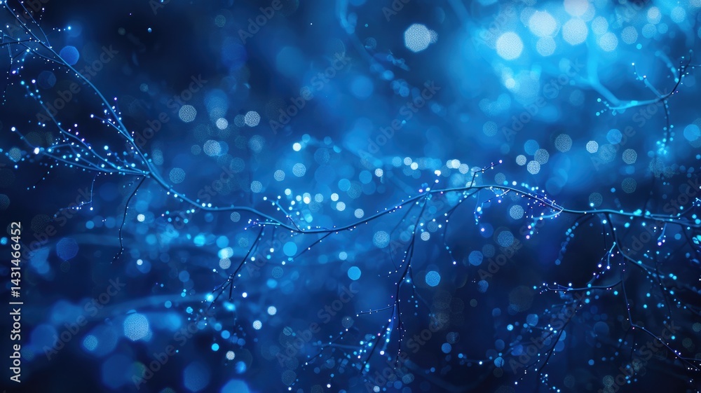 Poster abstract artwork of blue digital network with glowing particles. digital artwork of glowing blue dot
