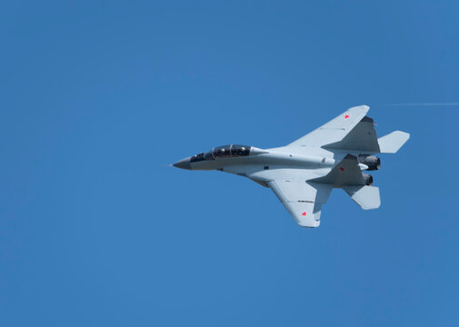 Moscow Russia Zhukovsky Airfield 25 July 2021: aerobatic MiG-35 perfoming demonstration flight of the international aerospace salon MAKS-2021