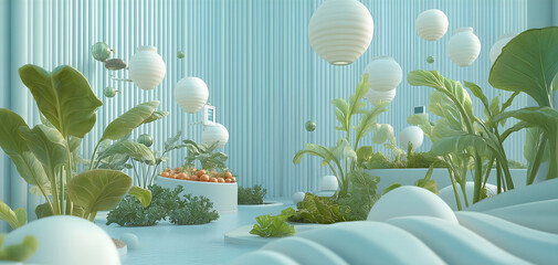 Futuristic agriculture with biomes showcasing sustainable farming practices in a utopian landscape