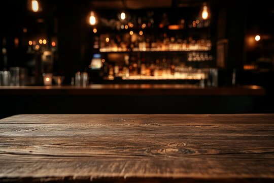 Empty wooden bar top, dark pub interior