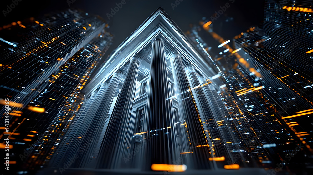 Poster futuristic digital representation of a government building with data streams symbolizing technology 