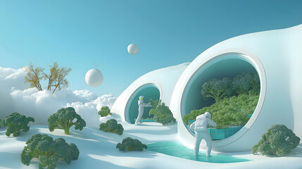 Futuristic agriculture with biomes showcasing sustainable farming practices in a utopian landscape