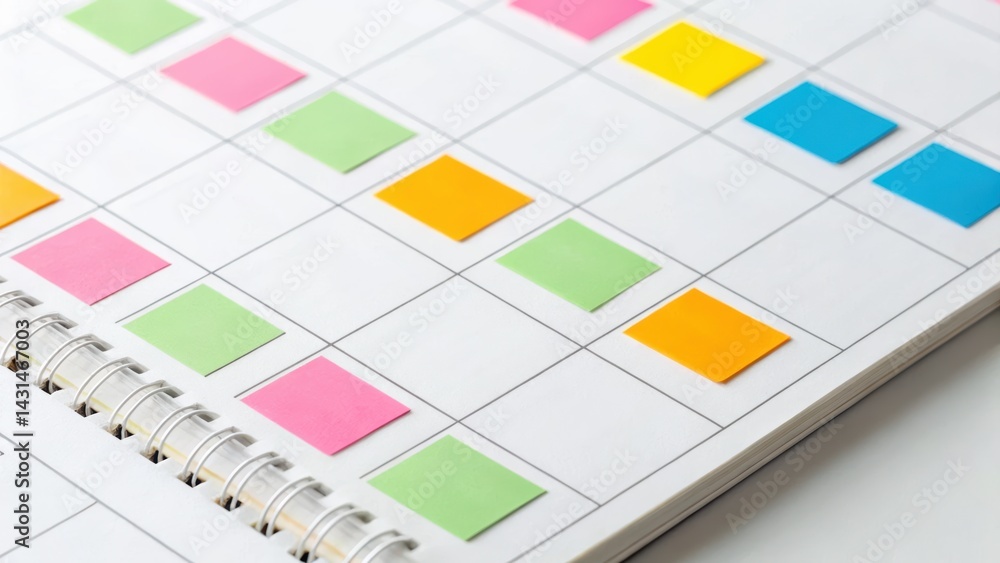Poster a close-up of a planner with colorful sticky notes arranged in a grid pattern, showcasing organizati