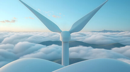Innovative wind turbine stands amid stunning blue landscape with abstract white structure under clear sky