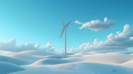 Innovative wind turbine stands amid stunning blue landscape with abstract white structure under clear sky